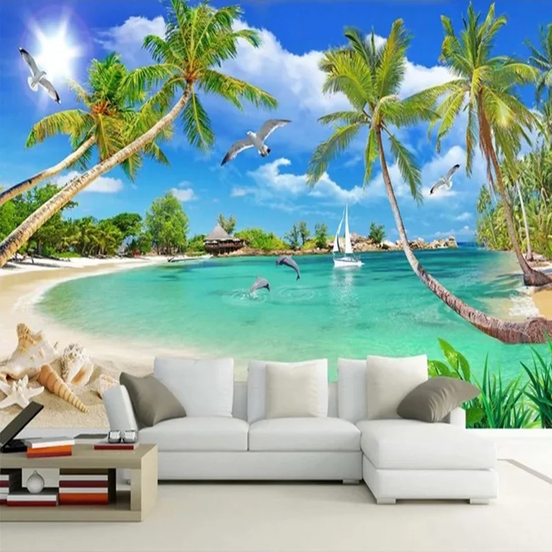 

3D Wallpaper Modern Simple Coconut Tree Sea Landscape Murals Living Room TV Sofa Dining Room Wall Painting Papel De Parede Sala