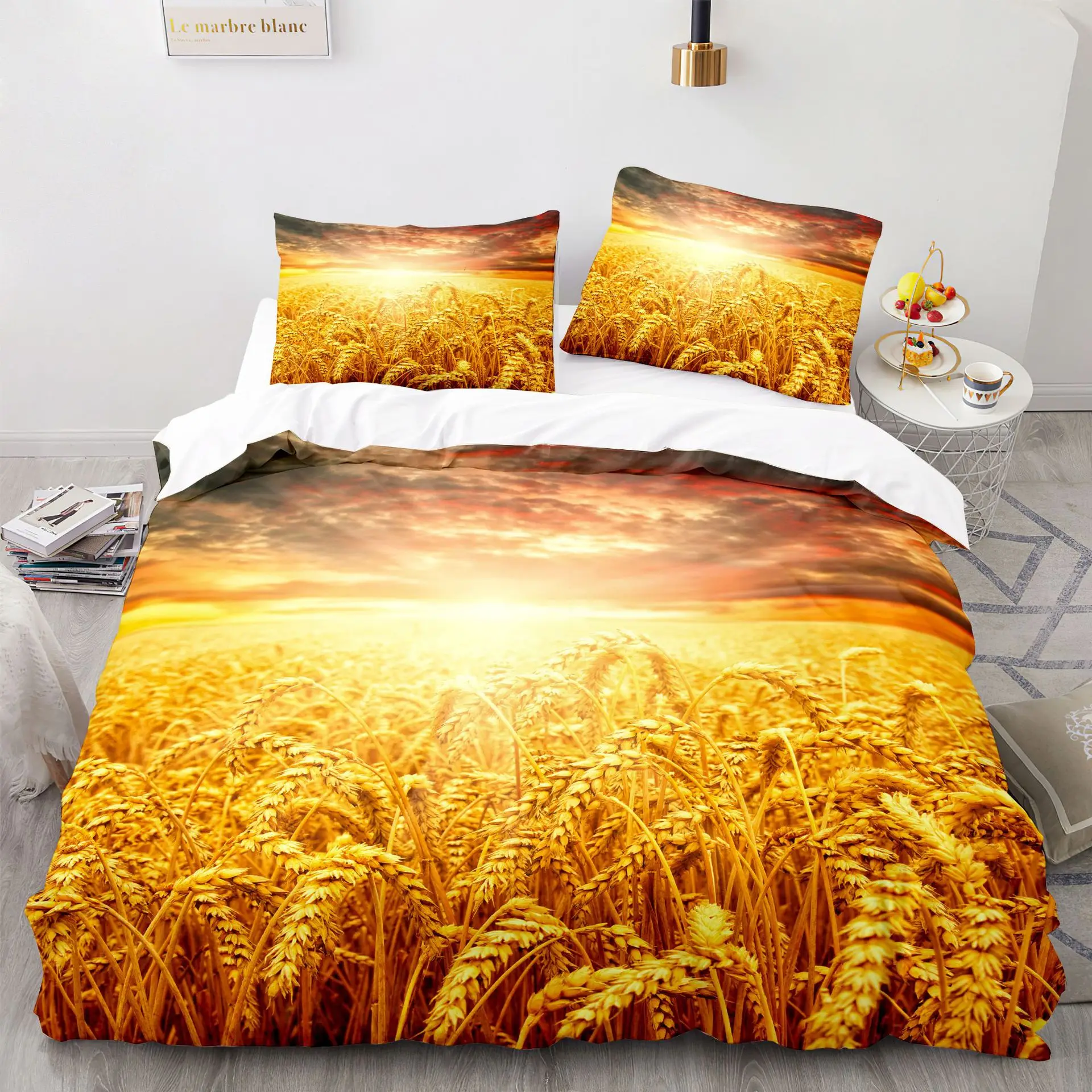 Wheat Field Scenery Duvet Cover Golden Wheat Ears Bathed In Sunlight Farmhouse Themed Quilt Cover with Pillowcase for Kids Adult