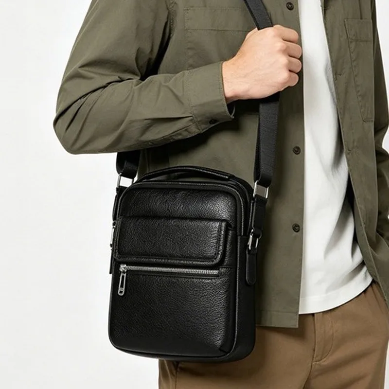 New men’s genuine leather crossbody bag, cowhide shoulder bag, casual men’s bag, business Fashionable vertical small tote bag