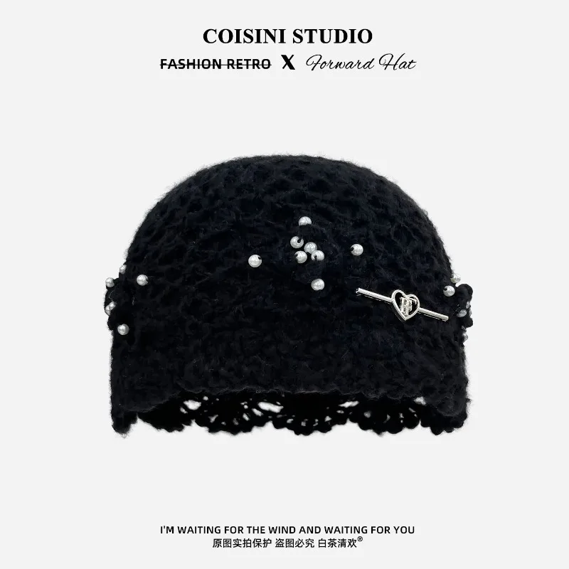 Böhmischer Stil, handgemachter, gehäkelter, hohler Pullover, Wintermütze für Damen, Sommer- und Herbstmütze mit Perlenverzierung, Kuppel-Skull-Beanie. – Detail 3