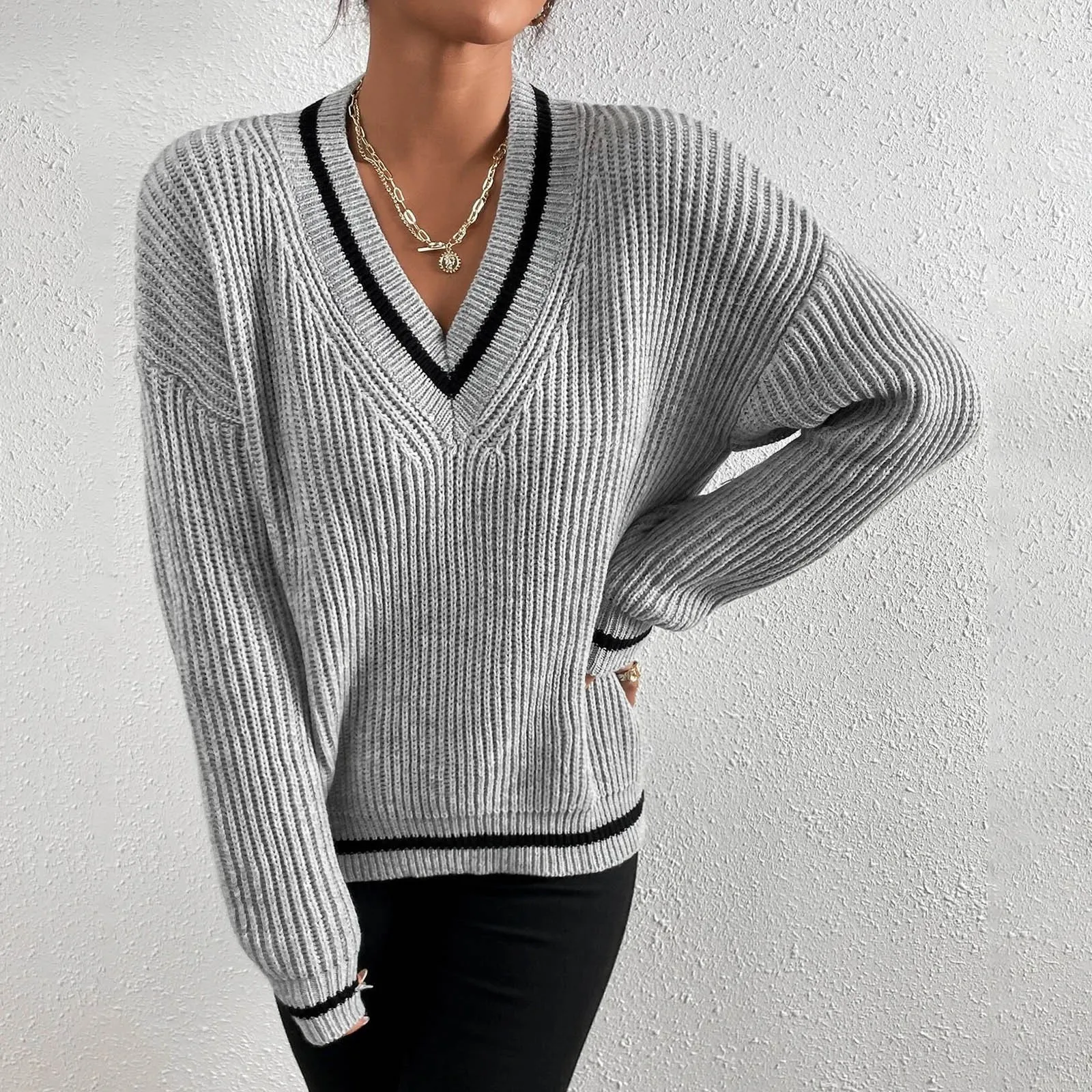 

Pullovers Sweater Women Striped V-Neck Knitted Autumn Simple Korean Style Harajuku Fashion Casual All-Match Chic Loose Sweater