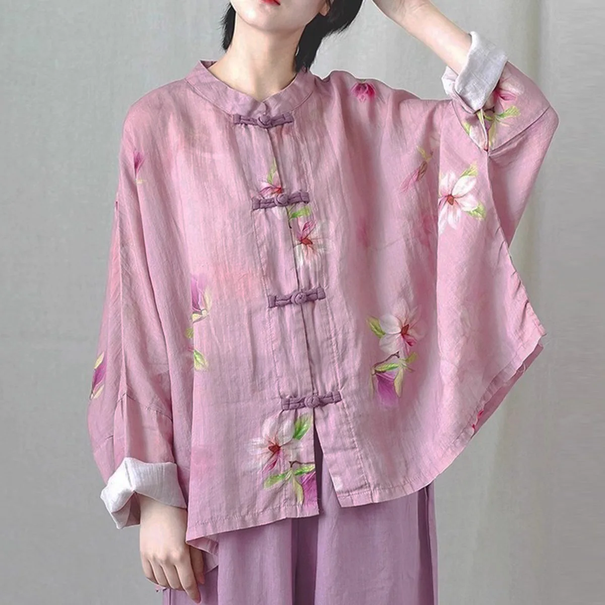 

Womens Boho Floral Open Front Shirt Plus-size Chinese Frog Button Lightweight Sleeve Kimono Loose Cover Up Casual Blouse Tops