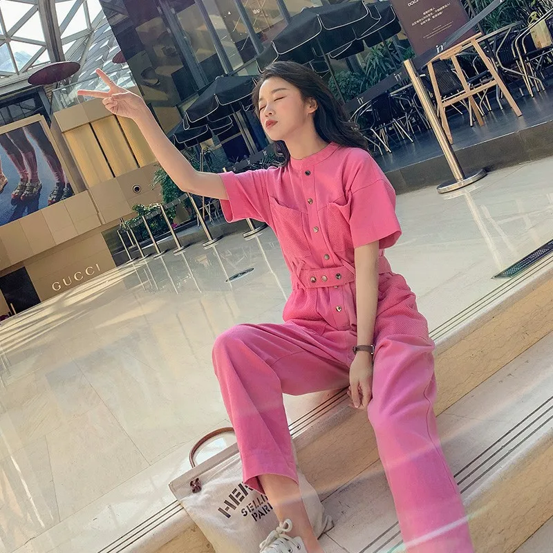 Casual Work Office Women Jumpsuit Spring Summer Fashion Overall Loose Solid Long Playsuit Lace Up Sashes Jumpsuit Rompers New
