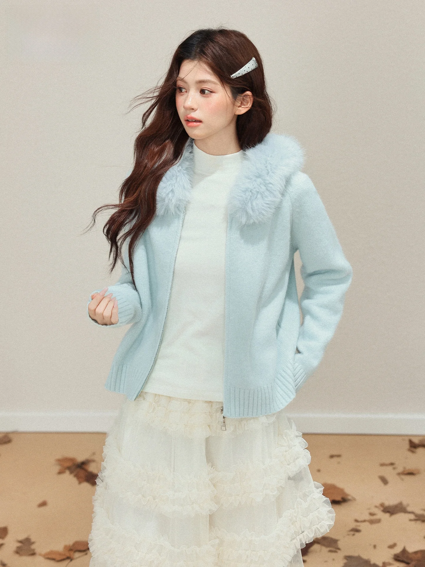

Blue Soft Warm Faux Fur Collar Knitted Sweater Women's Long Sleeve Summer Cardigan Sweet Style Outerwear Casual Fashion