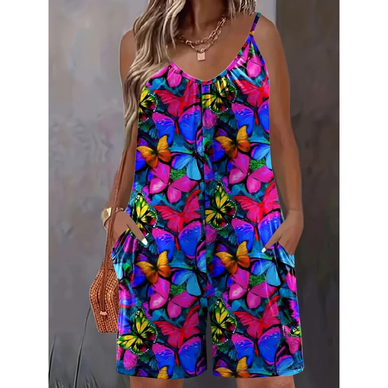 

New Plus Size Butterfly Print Pocket Strap Bohemian Style One-Piece Shorts