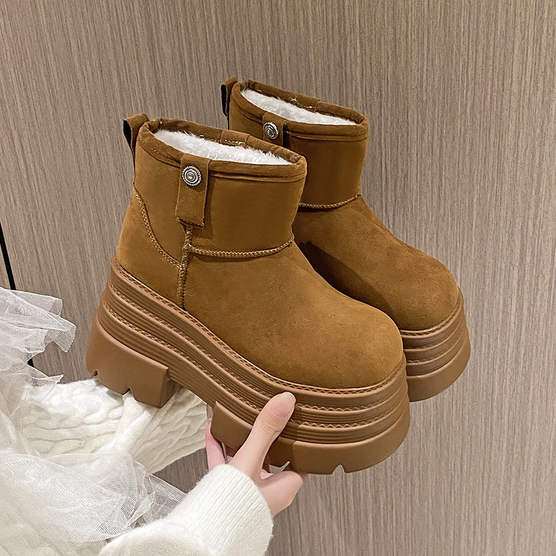 

Новинка 2023 года, 10 см, замшевые зимние ботинки из коровьей кожи, женские ботинки «Челси», женские ботильоны на платформе, зимние плюшевые ботинки на танкетке