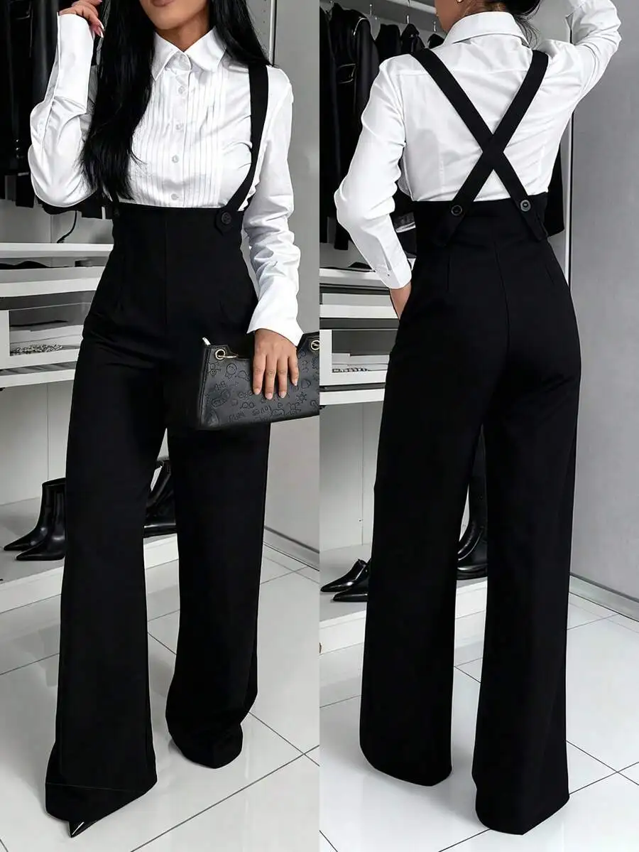 

Women's Black Wide Leg Suspender Pants with Cross-Back Straps for Office or Daily Wear