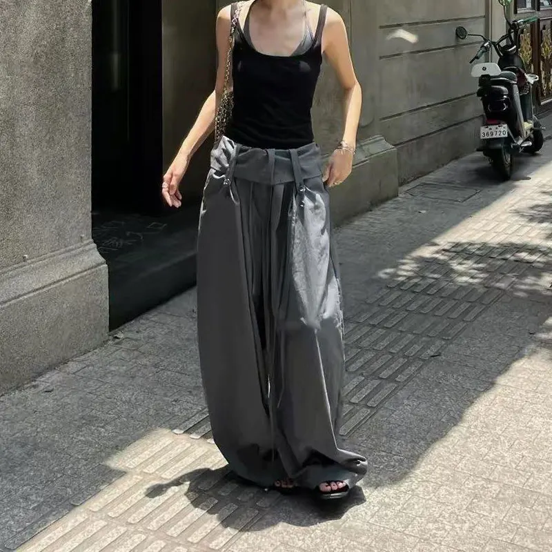 Women Grey Multi Strap Wide Waistband Pleated Trousers Wide Leg Double Drawstring Spring Summer Loose Baggy Casual Long Pants