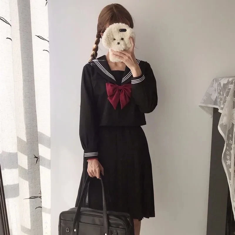 Japon okul üniforması takım elbise denizci JK S-2XL temel çizgi film kız lacivert denizci üniforma siyah setleri lacivert kostüm kadın kadın kostümü