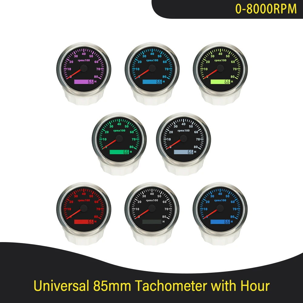 

Новый тахометр 85 мм, 0-3000 об/мин, 0-4000 об/мин, 0-6000 об/мин, 0-7000 об/мин, 0-8000 об/мин, ЖК-дисплей с 7-цветной подсветкой для автомобиля, лодки, яхты