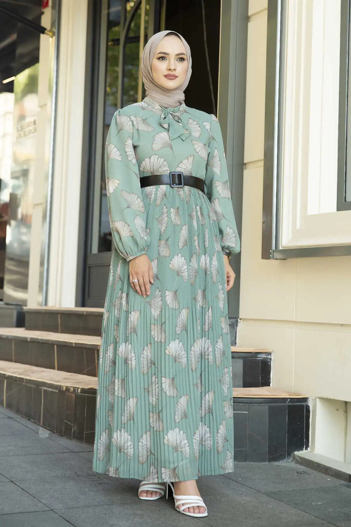 

Oyster Patterned Skirt; Pleats Dress Mint Winter Autumn 2021 Muslim Women Hijab headscarf islamic Turkey