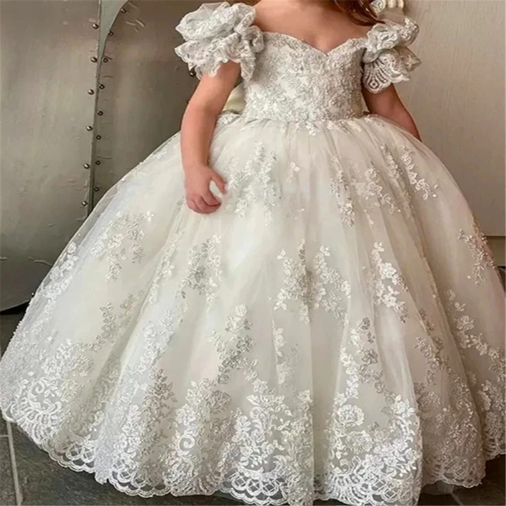 First Communion Dresses Surprise Birthday Present Gorgeous Short-sleeved Tulle Lace Printing Flower Girl Dress Princess Ball