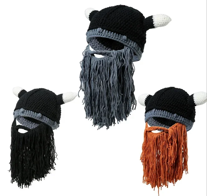 Hot Sale Men's Barbarian Vagabond Viking Beard Beanie Horn Hats Handmade Winter Warm Birthday Cool Gifts Funny Gag Halloween CaP