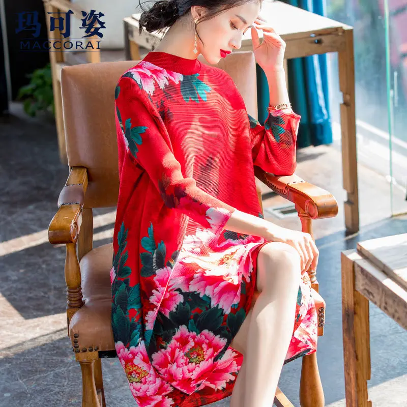 

Women dress China style fashion loose fold dress female 2023 autumn new seven-point sleeve printing long paragraph skirt dress