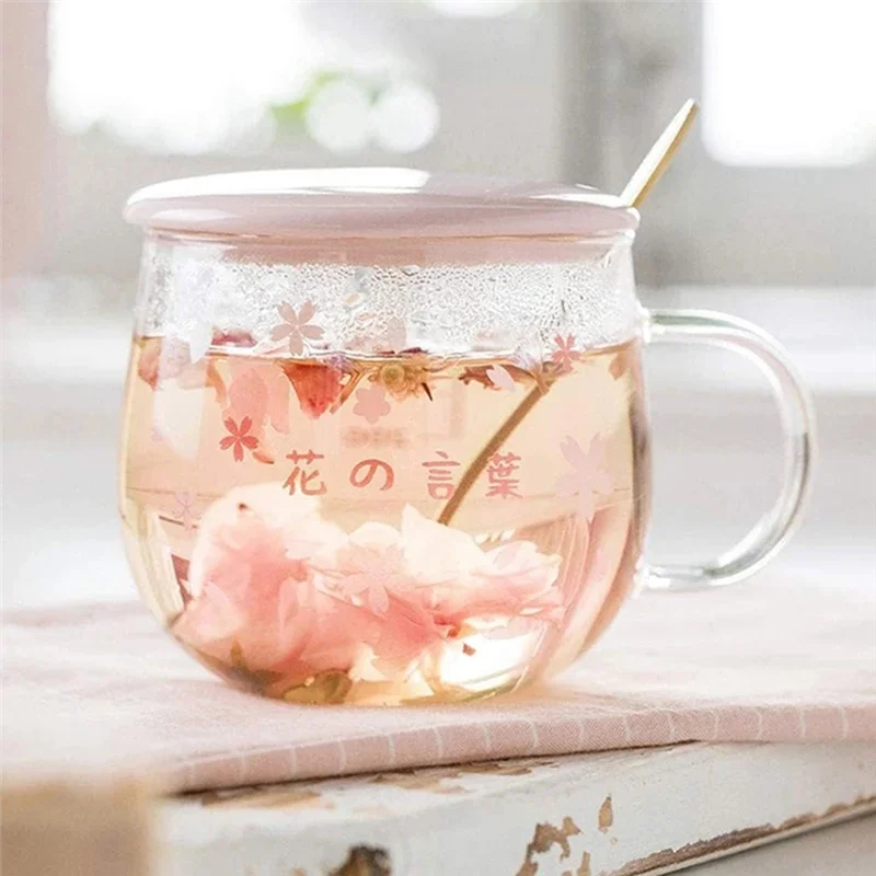 400Ml Creative Sakura Glass Coffee Mug Cute Transparent Cup Heat-Resistant Water Cup With Handle Lid Spoon ,D