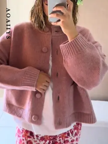 Aoaiiys Pink Cardigan Women Casual O-neck Long Sleeve Sweater Coat Single Breasted Pccket Knitwear Cardigans Autumn Winter New
