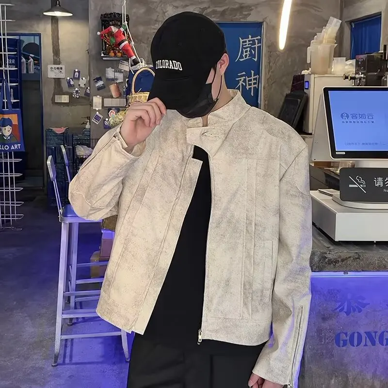 

Мужские пальто из искусственной кожи с воротником-стойкой, дизайн, мужская одежда из искусственной кожи, винтажные топы на молнии с прямым подолом, мотоциклетная короткая кожаная куртка