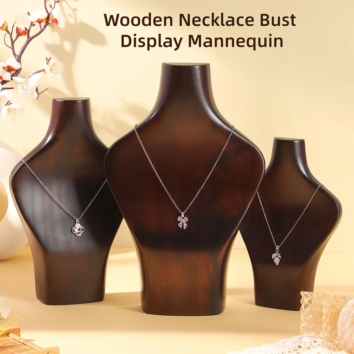 Wooden Necklace Display Bust Stand Camphor Wood Jewelry Mannequin Holder for Pendant Chain Jewelry Store Display Organizer