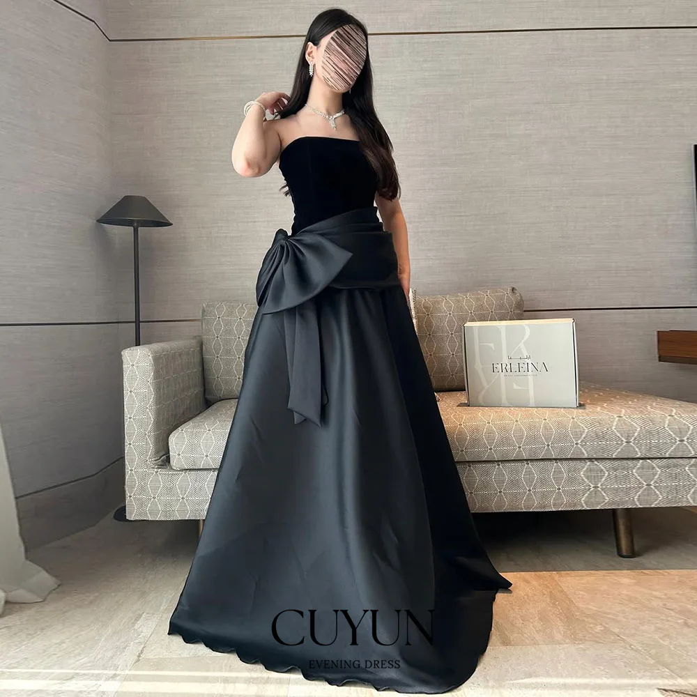 

CUYUN Strapless Black Saudi Evening Gown Customized Women Long Prom Dresses for Special Occasion A Line Formal Party Dresses