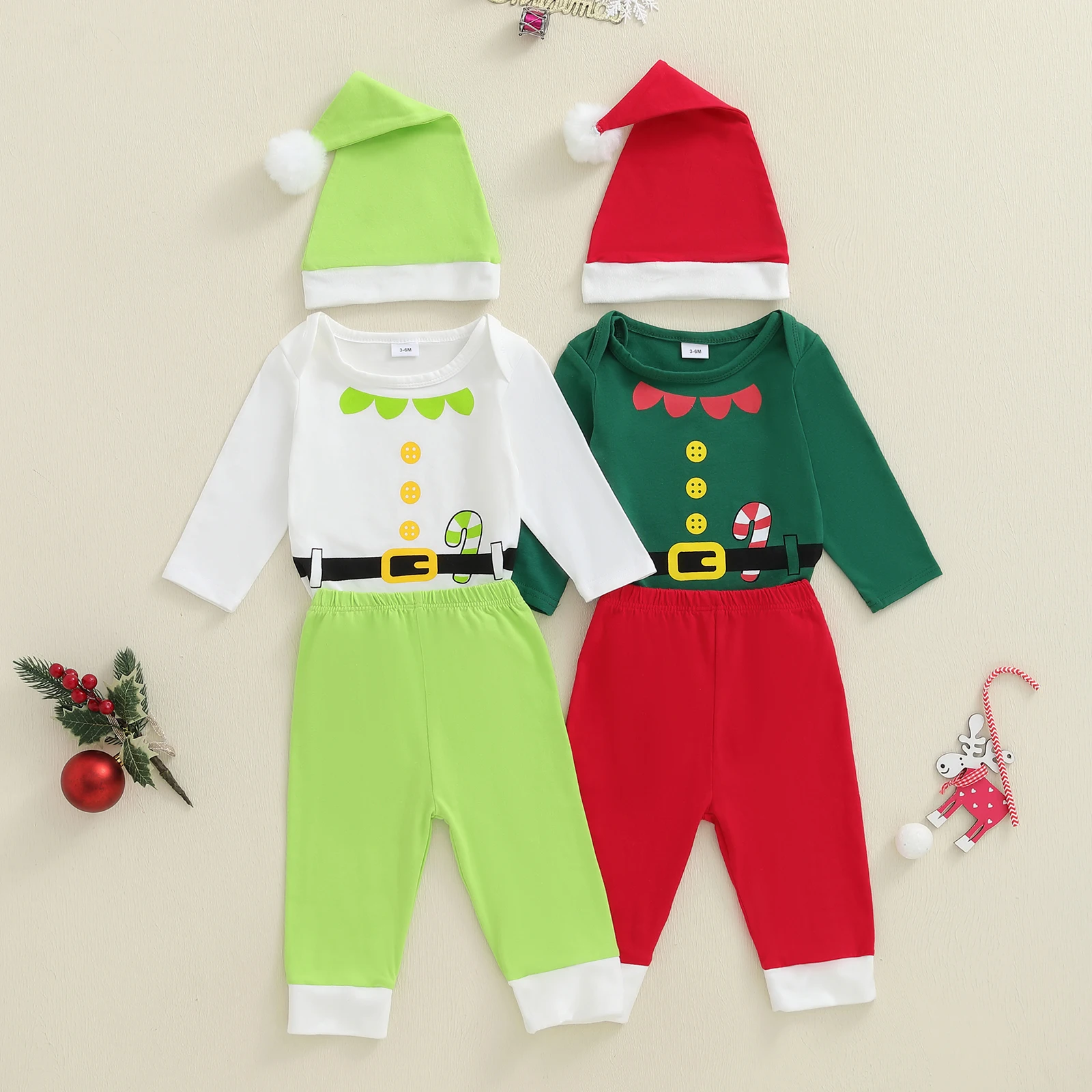 

Tregren 0-18M Infant Baby Boy Girl Christmas Clothes Belt Print Long Sleeve Romper Contrast Color Long Pants and Hat 3Pcs Outfit