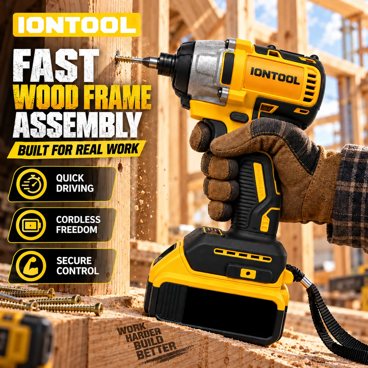 IONTOOL Portable Yellow Cordless Impact Driver 2800bpm For Metal Frame Bolting and Scaffold Assembly and Bolt Fastening Tasks