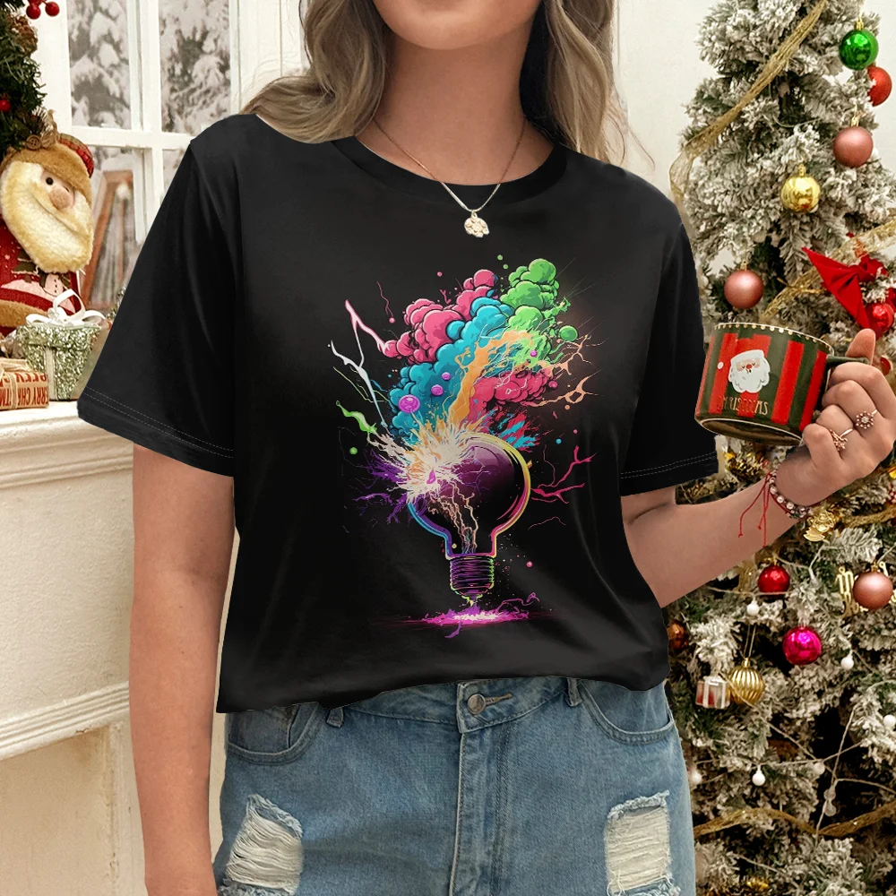 เสื้อยืดพิมพ์ลายระเบิดหลอดไฟนามธรรมสีสันสดใสของผู้หญิงฤดูร้อนสไตล์ลำลองแฟชั่นคอกลมแขนสั้น Y2k เสื้อ