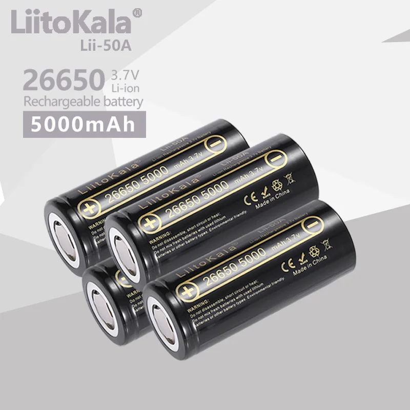 4PCS Liitokala LII-50A 26650 20A 전원 충전식 리튬 배터리 26650A 3.7V 5100mA 손전등에 적합