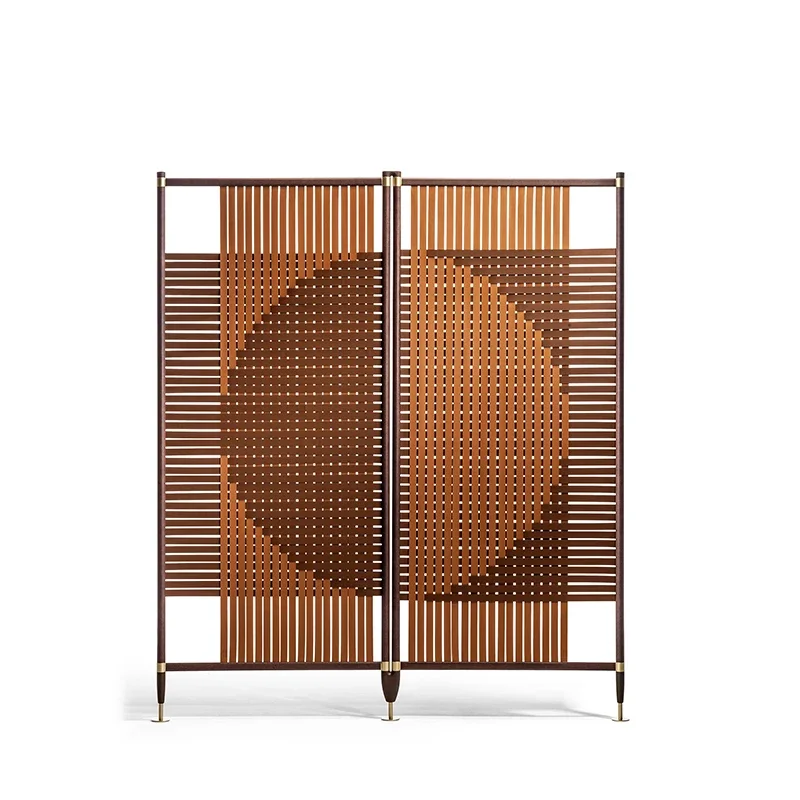 

Screen hand-woven, solid wood partition, living room hotel Italian style, light luxury saddle leather metal folding screen