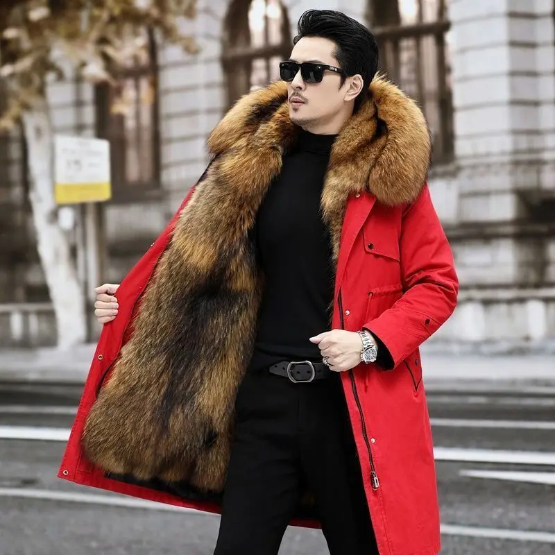 red Parker Men's Imitation Fur Liner Winter Warm New Fur One-piece Coat Imitation Mink Fleece Mid-length Fur Coat