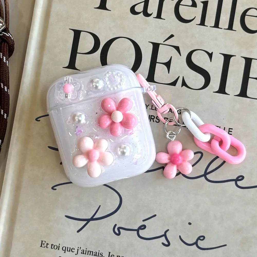 Earphone Case For AirPods 4 2024 Glitter Flower Heart Strawberry Pearl Protective Case Keychain for Airpods 1 2 3 4th Pro Pro2
