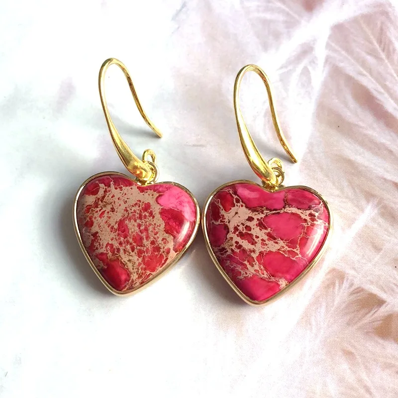 

Lovely Red Heart Imperial Jasper Dangle Earrings New Natural Emperor's Stone Drop Earring For Women Jewelry