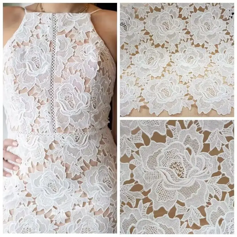 Off White DIY Sewing Needle Work Guipure French Lace Embroidery Cloth Wedding Bridal Dress Lace Fabric Designer Fabric 1 Yard