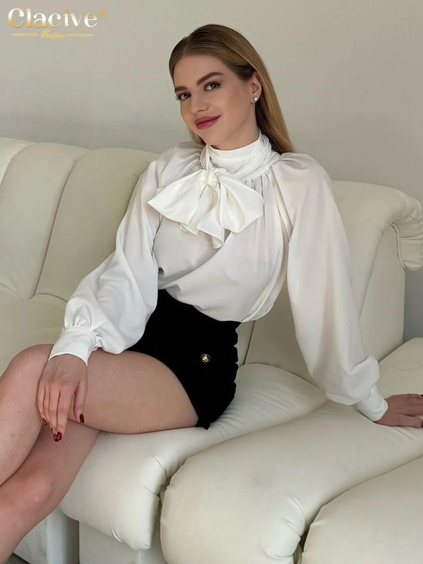 Clacive Spring Loose White Women's Shirt 2026 Fashion Bow Collar Long Sleeve Shirts Elegant Classic Solid Top Female Clothing