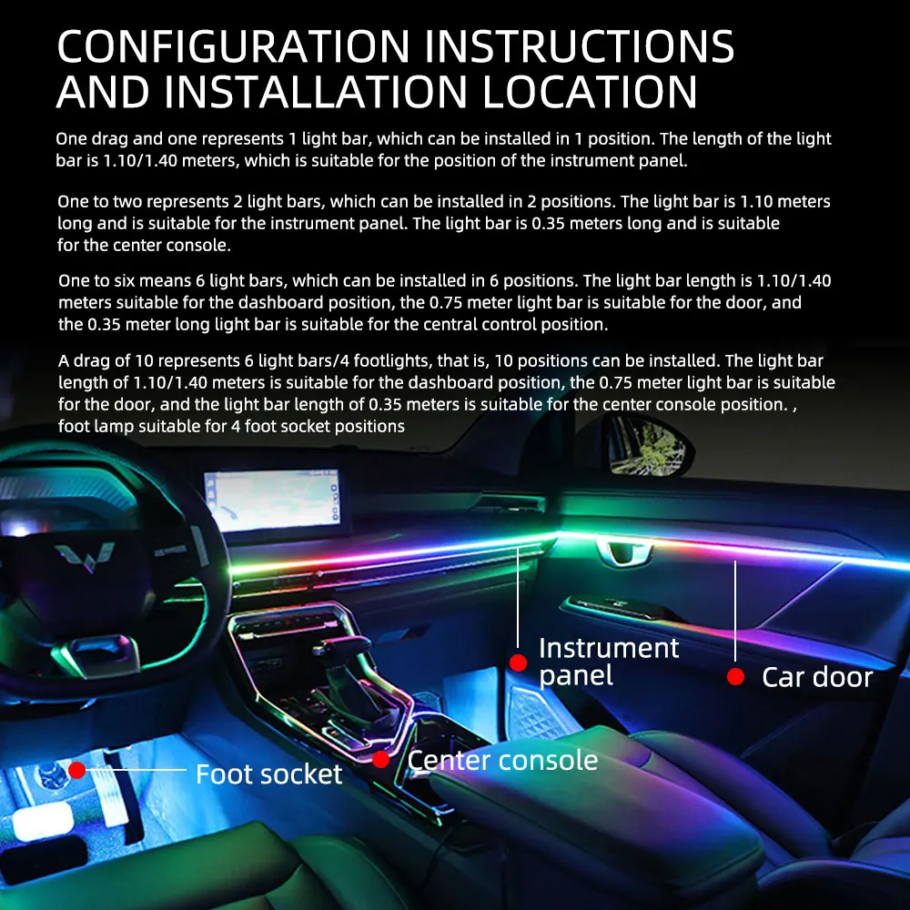 4in1 Led Car Ambient Lights RGB 213 Color Acrylic Strips Symphony Streamer Interior Rainbow Atmosphere Lamp Kit Dashboard Light view 5