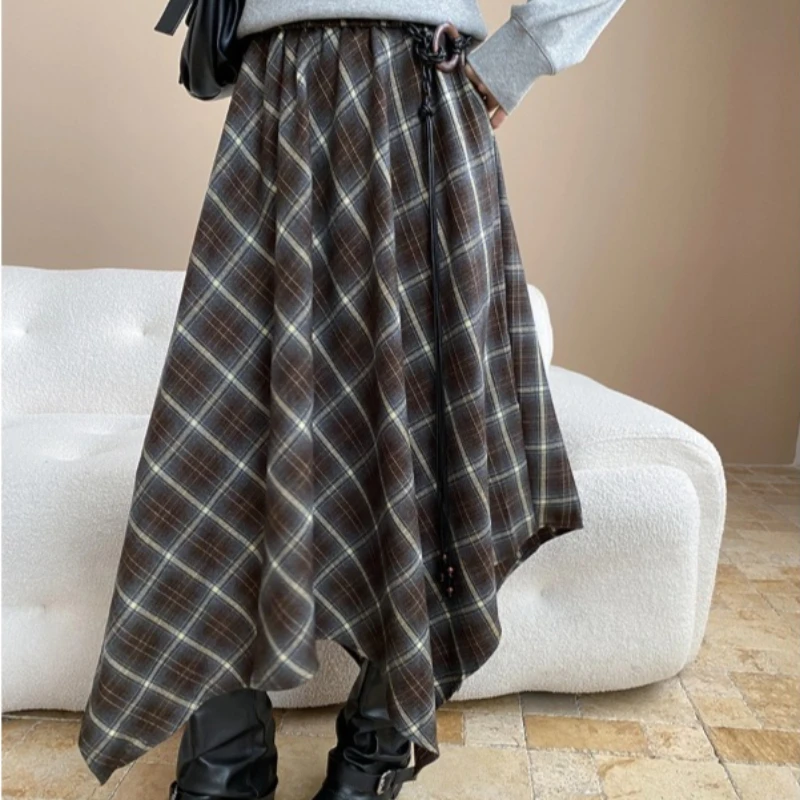 

Skirts Women Mid Length Skirt A Line Slim Fit Irregular Plaid High Waist Elegant Splice Y2k Streetwear Work 2025 Autumn Winter