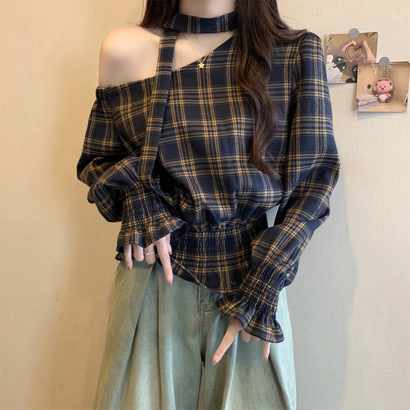 

Осень-зима 2022, новая рубашка с нерегулярными косыми плечами и длинными рукавами, женский топ в клетку в стиле ретро с талией