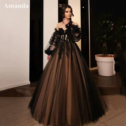 Amanda Gothic A-line Evening Dresses Black Lace Embroidery Prom Dress 2023 Off Shoulder Puffy Party Dresses Robe De Soirée