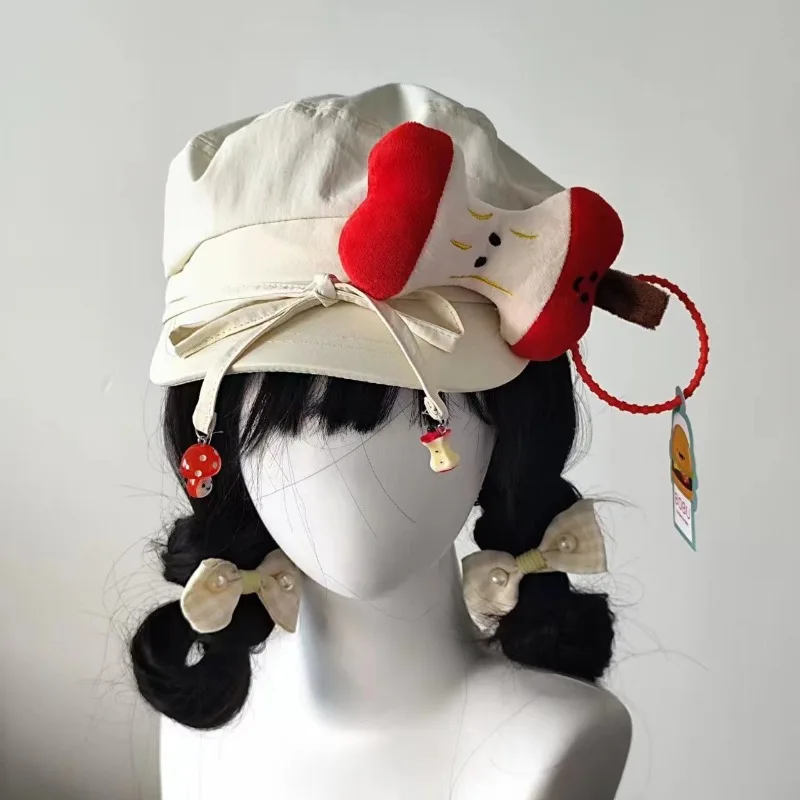 Japanese Kawaii Apple Decoration Beret Hat for Women Sweet Cute Y2k Lolita JK Girls Student Vintage Artist Painter Beige Bow Cap