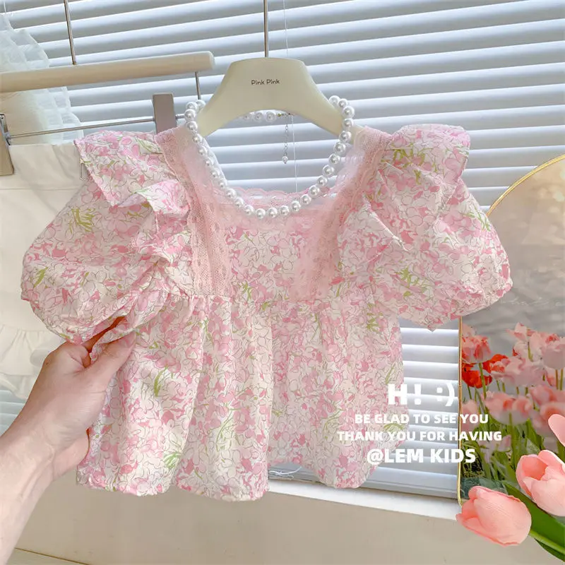 

Girls' summer dress new Korean style floral children's short sleeved shirt, little girls' summer bubble sleeve half sleeved top