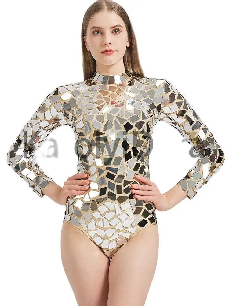 2023 błyszczące srebrne lusterka body seksowne trykoty z długimi rękawami Gogo Stage PerformanceDancer kostium urodziny świętują