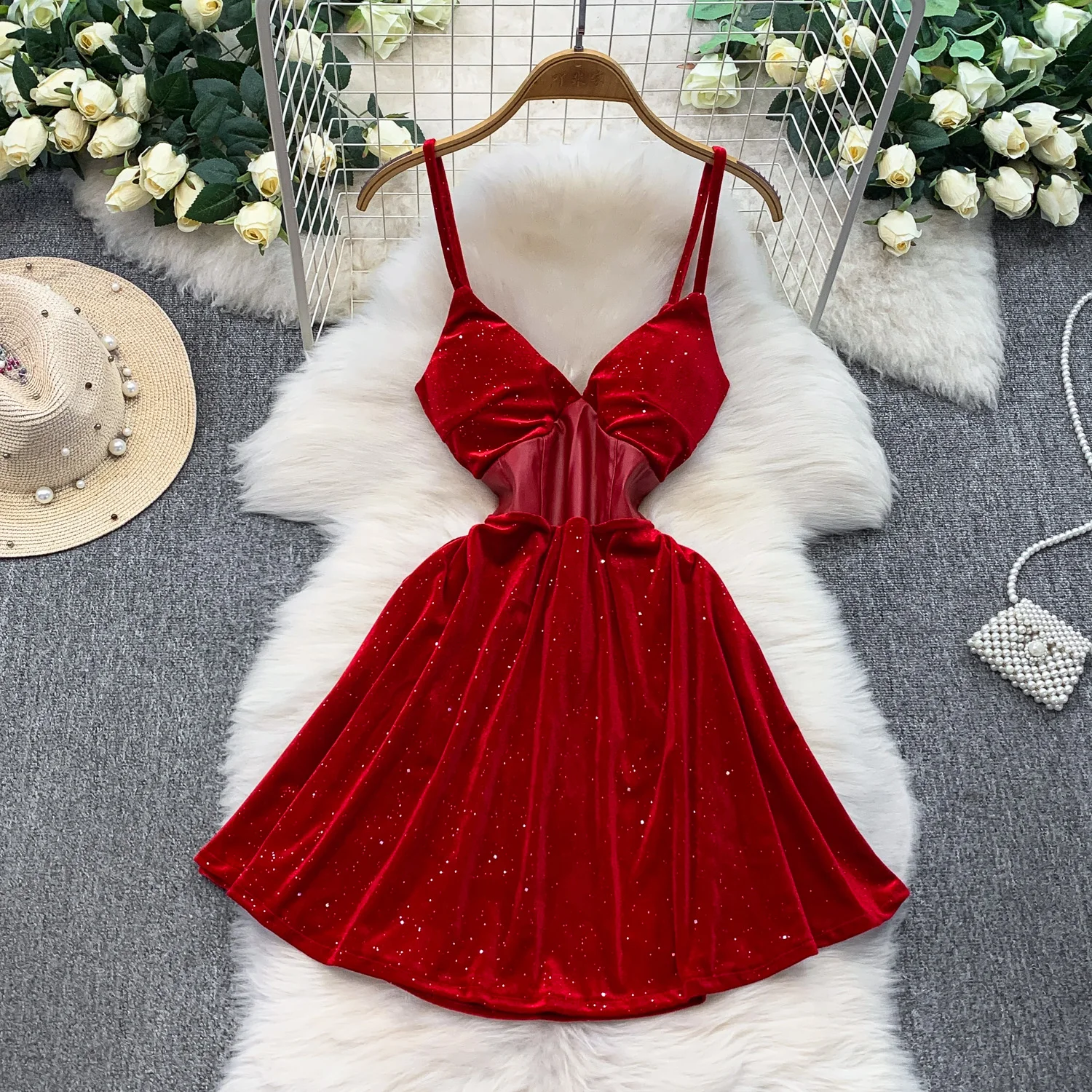 أنيقة خمر الترتر القطيفة بلا أكمام أنيقة الجنية الكورية أزياء الخريف فستان الشمس النساء الملابس #1