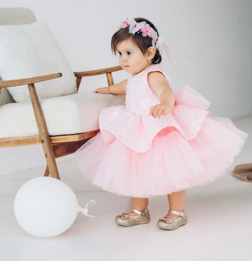 

12M 18M 24M Baby Girl Princess Dress Infant Birthday Outfits Toddler Girl Flower Bow Evening Party Tutu Gown Kids Gala Clothes