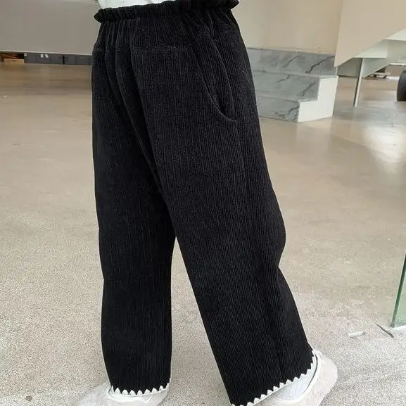 Girls Corduroy Wide Leg Spring Autumn Winter New Fashionable Stylish Baby Single-Layer Fleece-Lined Pants Outer Wear