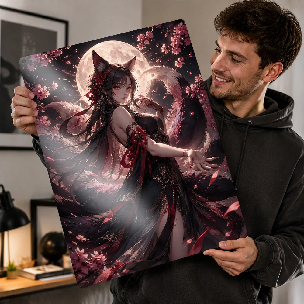 Kitsune Girl Under Full Moon and Sakura Metal Poster Perfect Gift for Fans Lovers Personalized Wall Art Metal Sign for Wand Deko