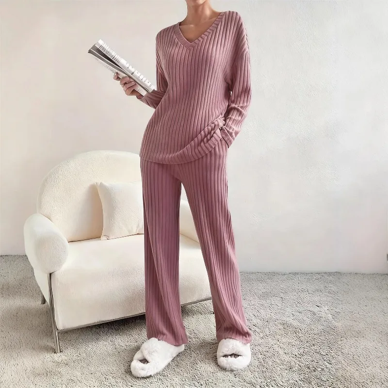 

Slimming Ribbed Two-Piece Set Loose V-Neck Straight Pants Home Leisure Outfit 2025 Autumn Winter