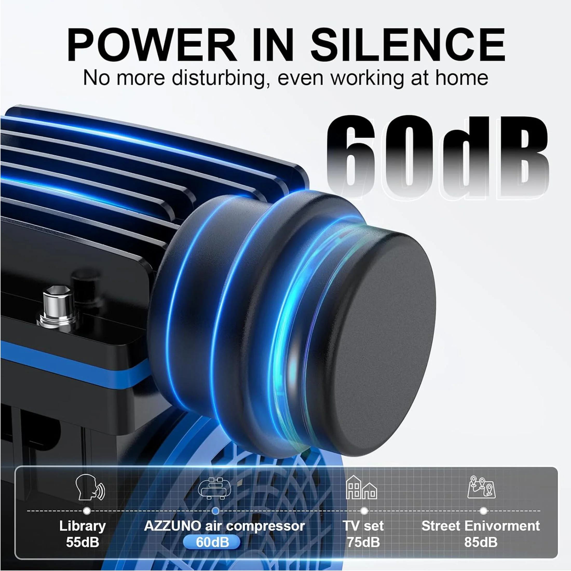 AZZUNO Silent Air Compressor 2 Gallon Quiet Oil-free Portable Air Pump for Home Repair Tire Inflation Whisper Compressor