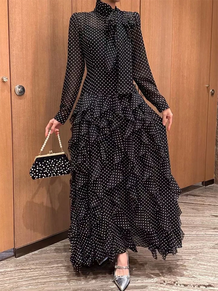 Sxthaenoo chique polka-dot vestidos femininos mangas compridas em camadas a linha vestidos de festa moda diária escritório tornozelo comprimento vestidos de noite