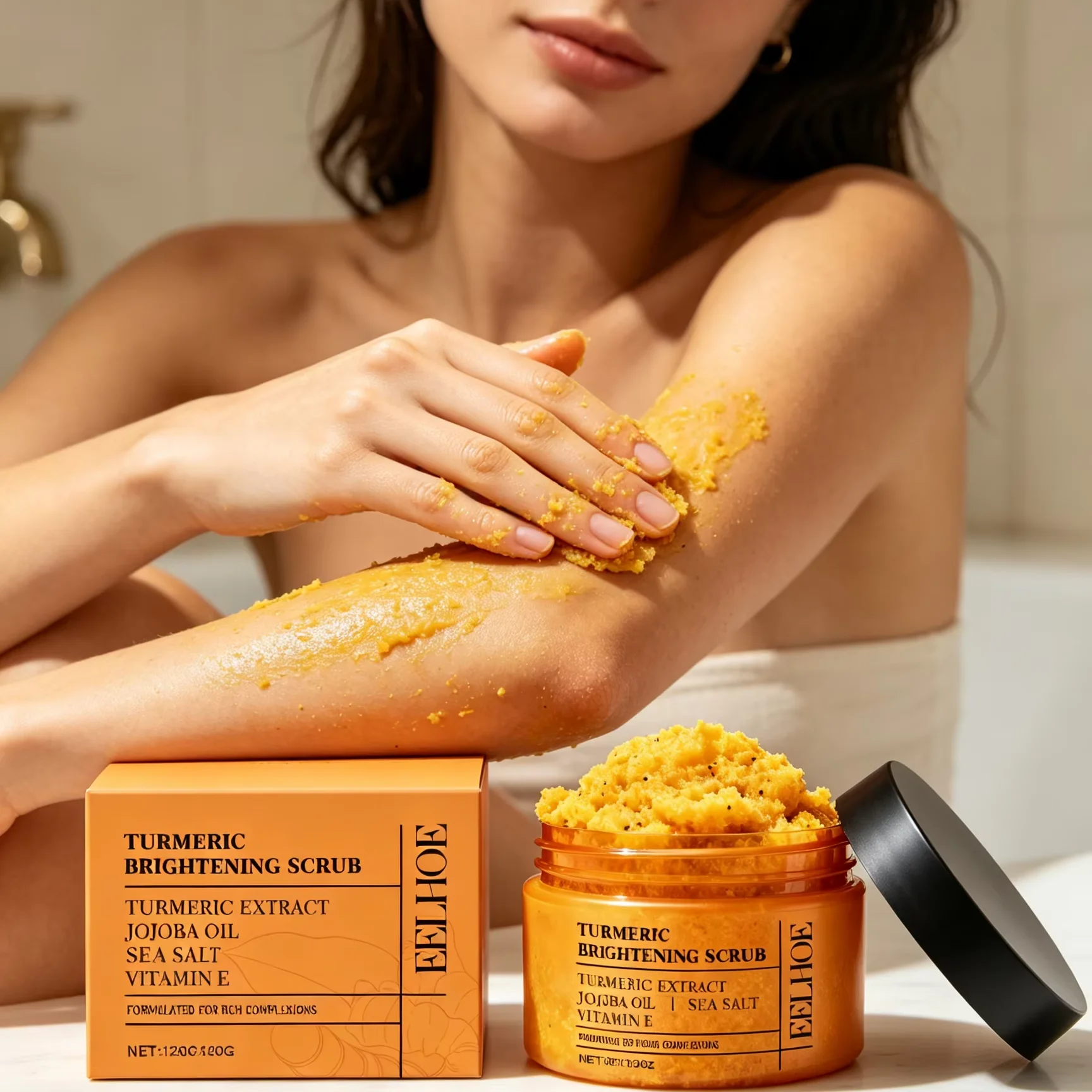 EELHOE Turmeric Scrub to Remove Dark Spots Remove Dead Skin Brightening Deep Cleaning Exfoliator Sea Salt Smooth Body Scrub 120g