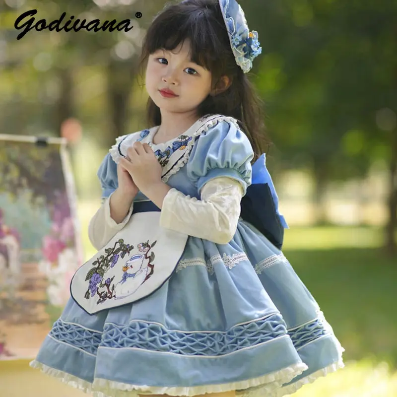 Original Baby Girls Sweet Spring and Autumn Tutu Dress Set Kids Heavy Lace Trim Print Detachable Sleeve Birthday Party Dresses