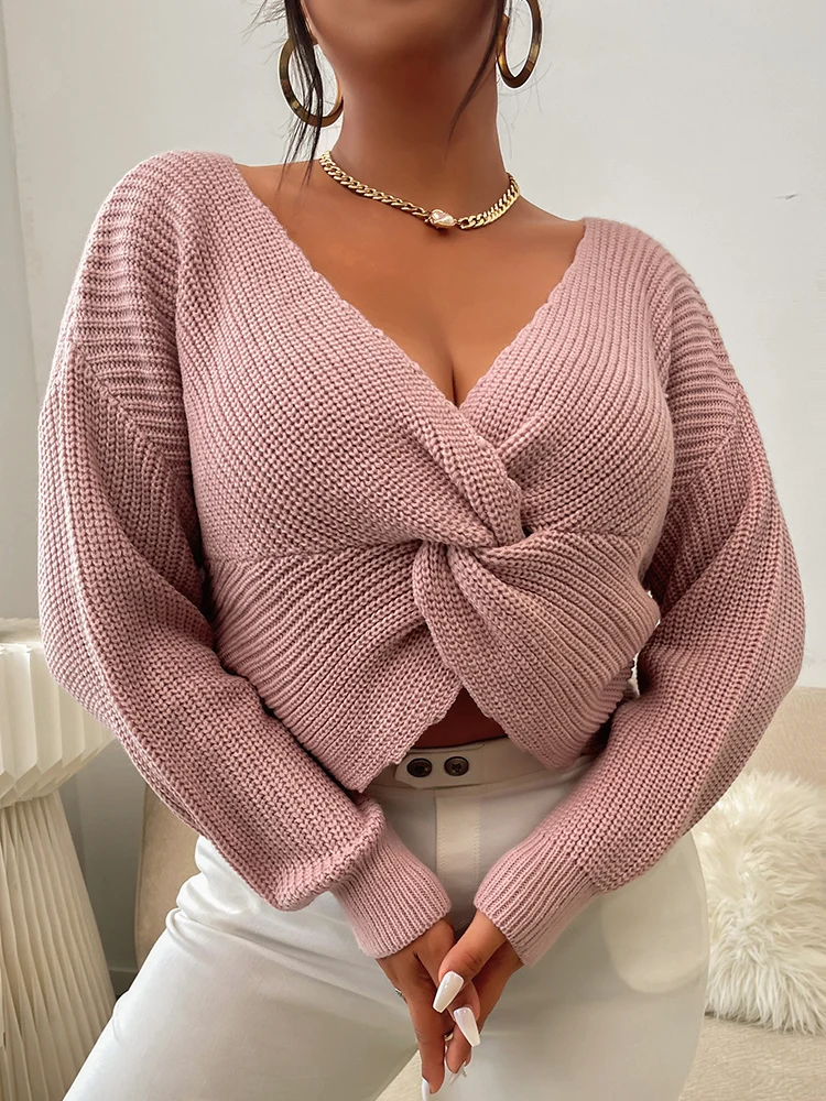 ONELINK Solid Pink Plus Size Women\'s Sweater V Neck Sexy Cross Knot Front Knitting Pullover Long Sleeve Top Office Lady Daiting